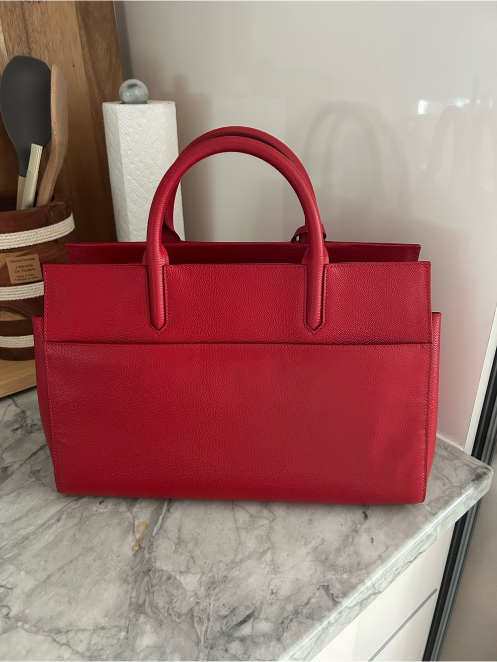 Saint Laurent Red Structured Satchel with YSL Tag - Picture 2 of 7